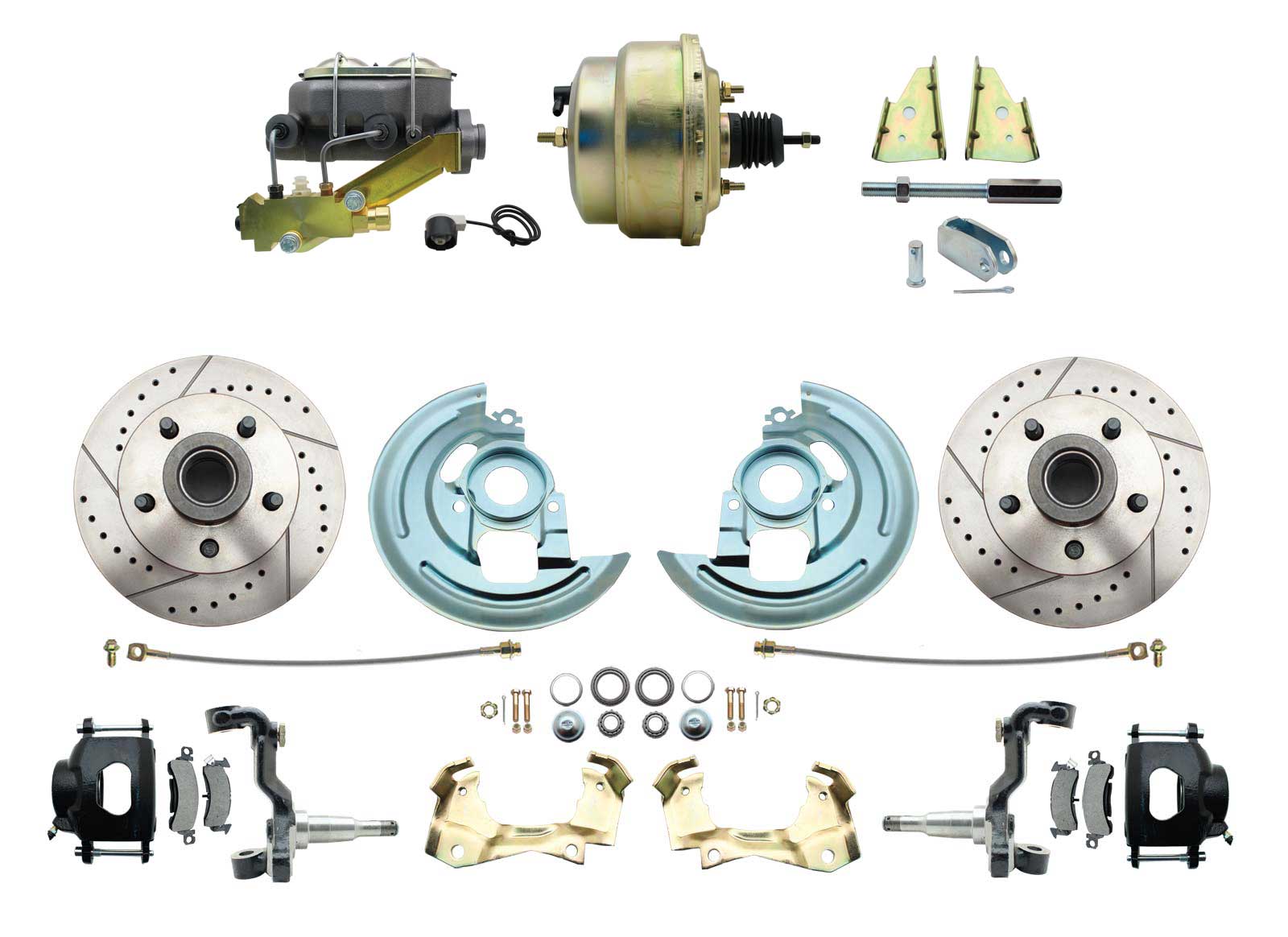 1964-1972 GM A Body Front Power Disc Brake Conversion Kit Drilled & Slotted & Powder Coated Black Calipers Rotors W/ 8Dual Zinc Booster Kit