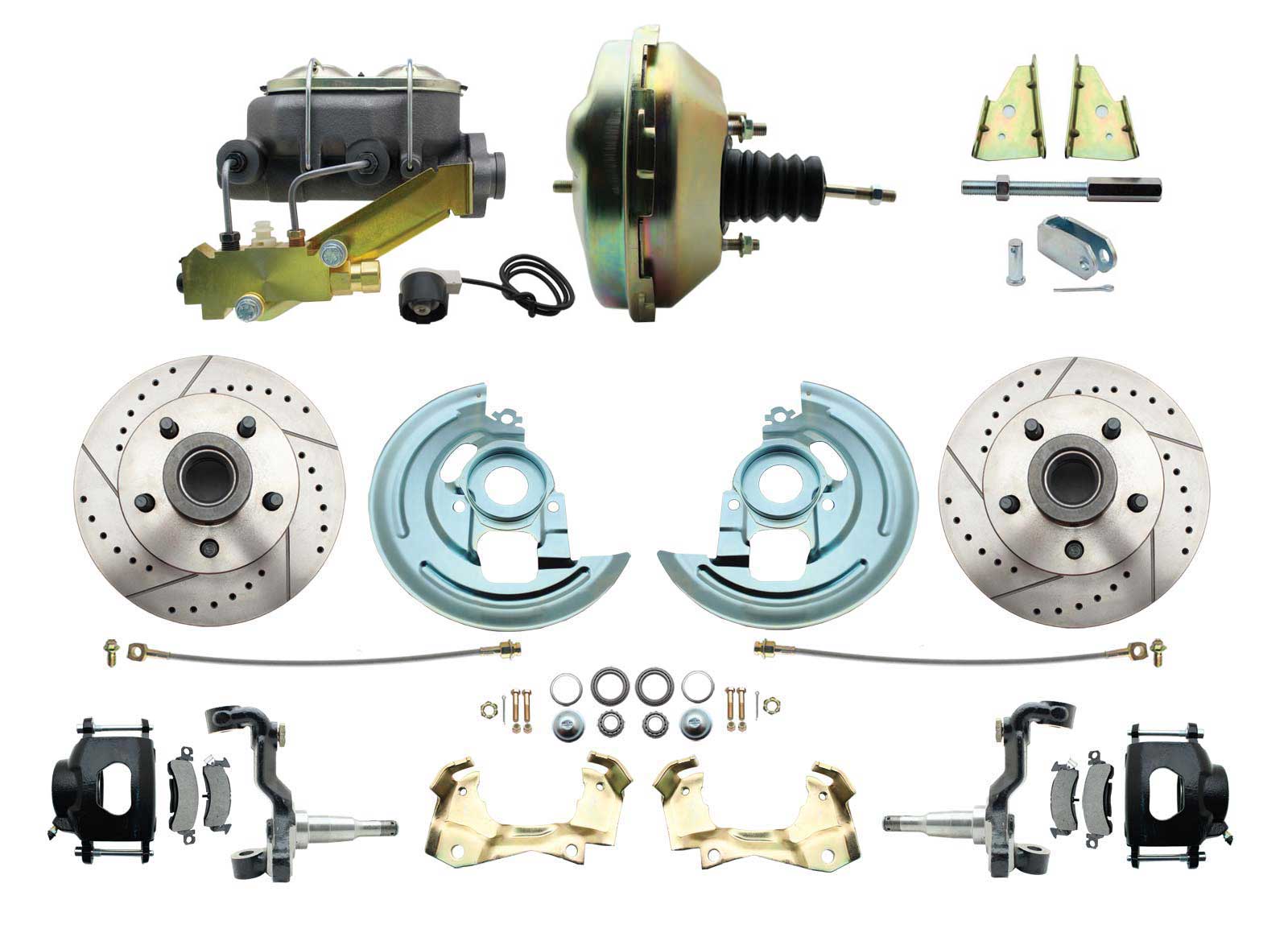 1964-1972 GM A Body Front Power Disc Brake Conversion Kit Drilled & Slotted & Powder Coated Black Calipers Rotors W/9 Dual Zinc Booster Kit