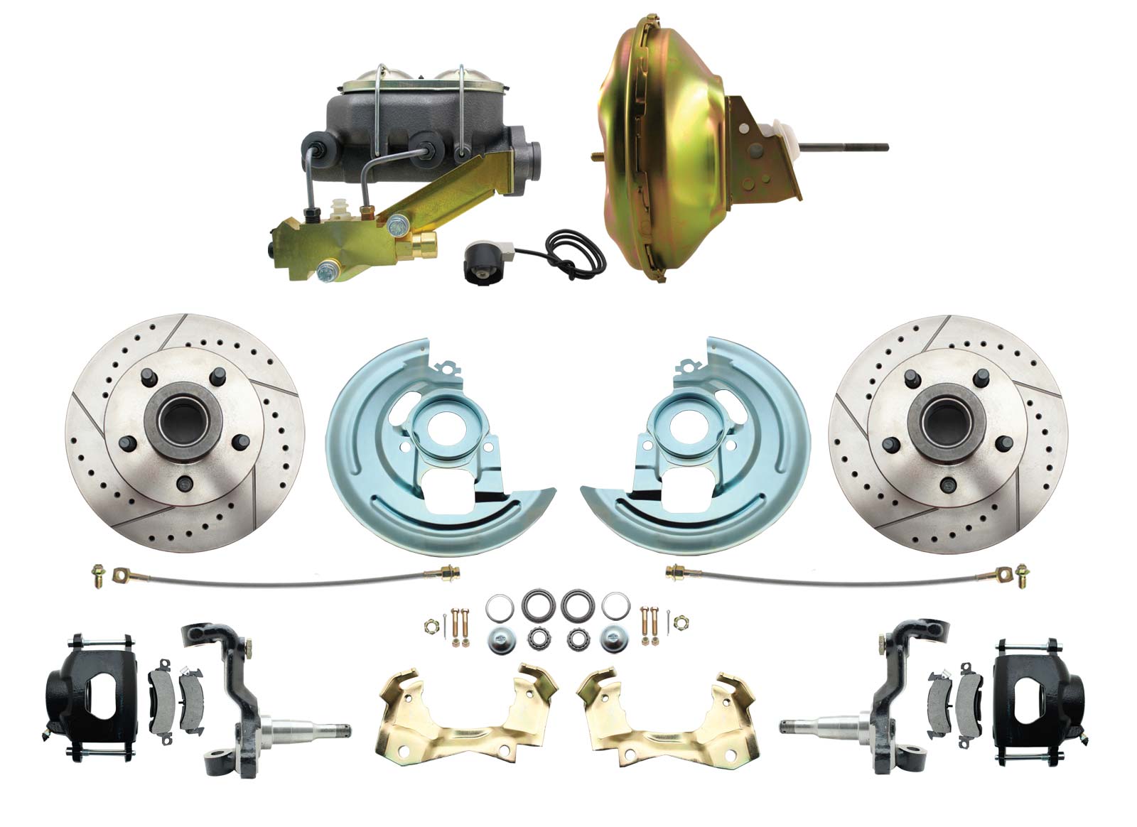 1964-1972 GM A Body Front Power Disc Brake Conversion Kit Drilled & Slotted & Powder Coated Black Calipers Rotors W/ 11 Delco Stamped Booster Kit