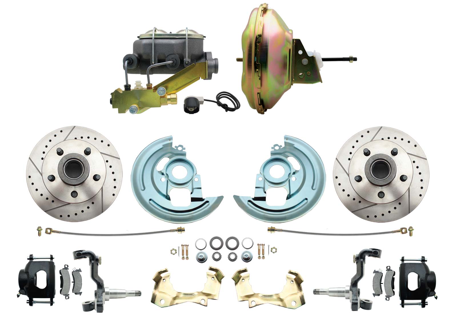 1964-1972 GM A Body Front Power Disc Brake Conversion Kit Drilled & Slotted & Powder Coated Black Calipers Rotors W/ 11 Delco Style Booster Kit