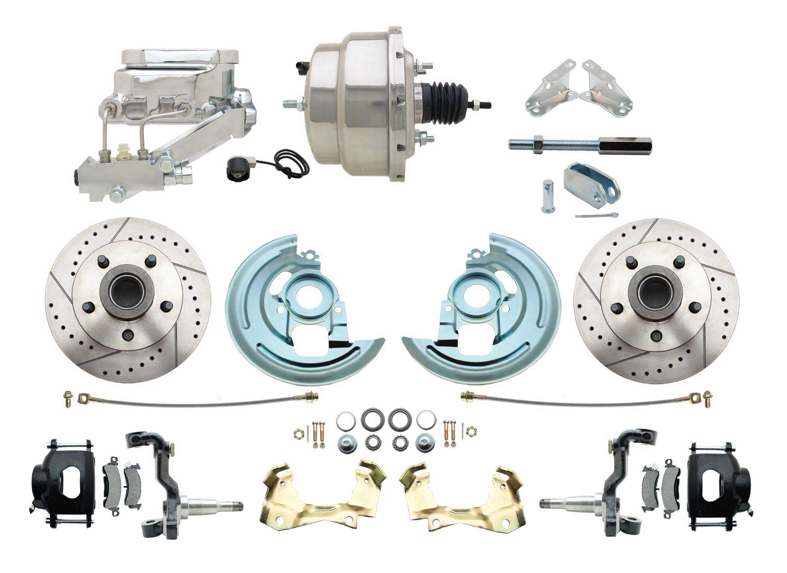 1964-1972 GM A Body Front Power Disc Brake Conversion Kit Drilled & Slotted & Powder Coated Black Calipers Rotors W/8 Dual Chrome Flat Top Booster Kit