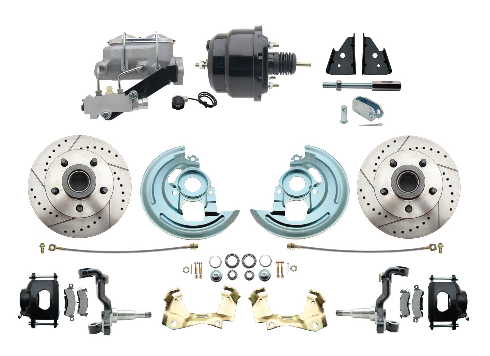 1964-1972 GM A Body Front Power Disc Brake Conversion Kit Drilled & Slotted & Powder Coated Black Calipers Rotors W/ 8 Dual Powder Coated Black Booster Kit