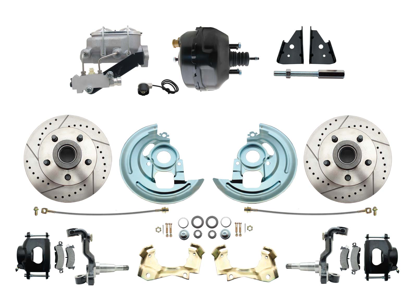 1964-1972 GM A Body Front Power Disc Brake Conversion Kit Drilled & Slotted & Powder Coated Black Calipers Rotors 9 Dual Powder Coated Black Booster Kit