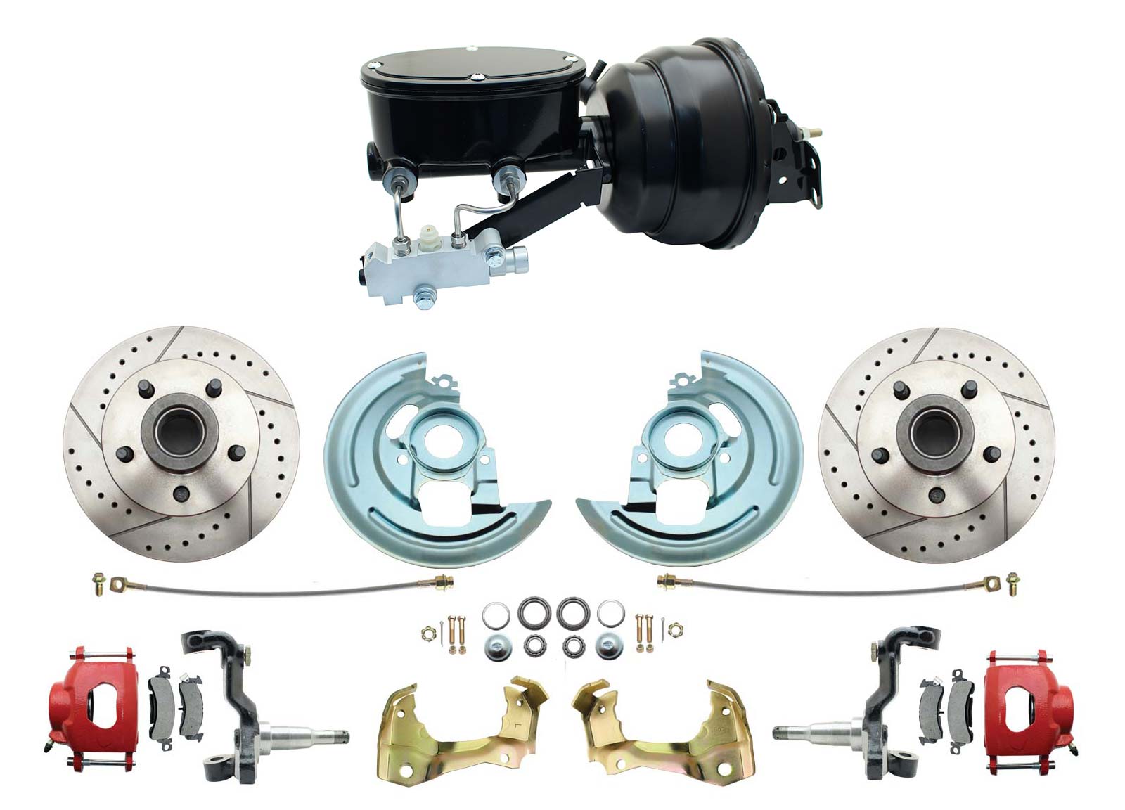 1964-1972 GM A Body Front Power Disc Brake Conversion Kit Drilled & Slotted Rotors Red Powder Coated Calipers W/ 8 Dual Wilwood Style Booster Kit