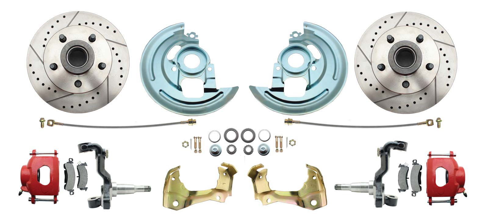 1964-1972 GM A Body (Chevelle, GTO, Cutlass) Stock Height Front Disc Brake Kit W/ Drilled & Slotted Rotors Red Calipers