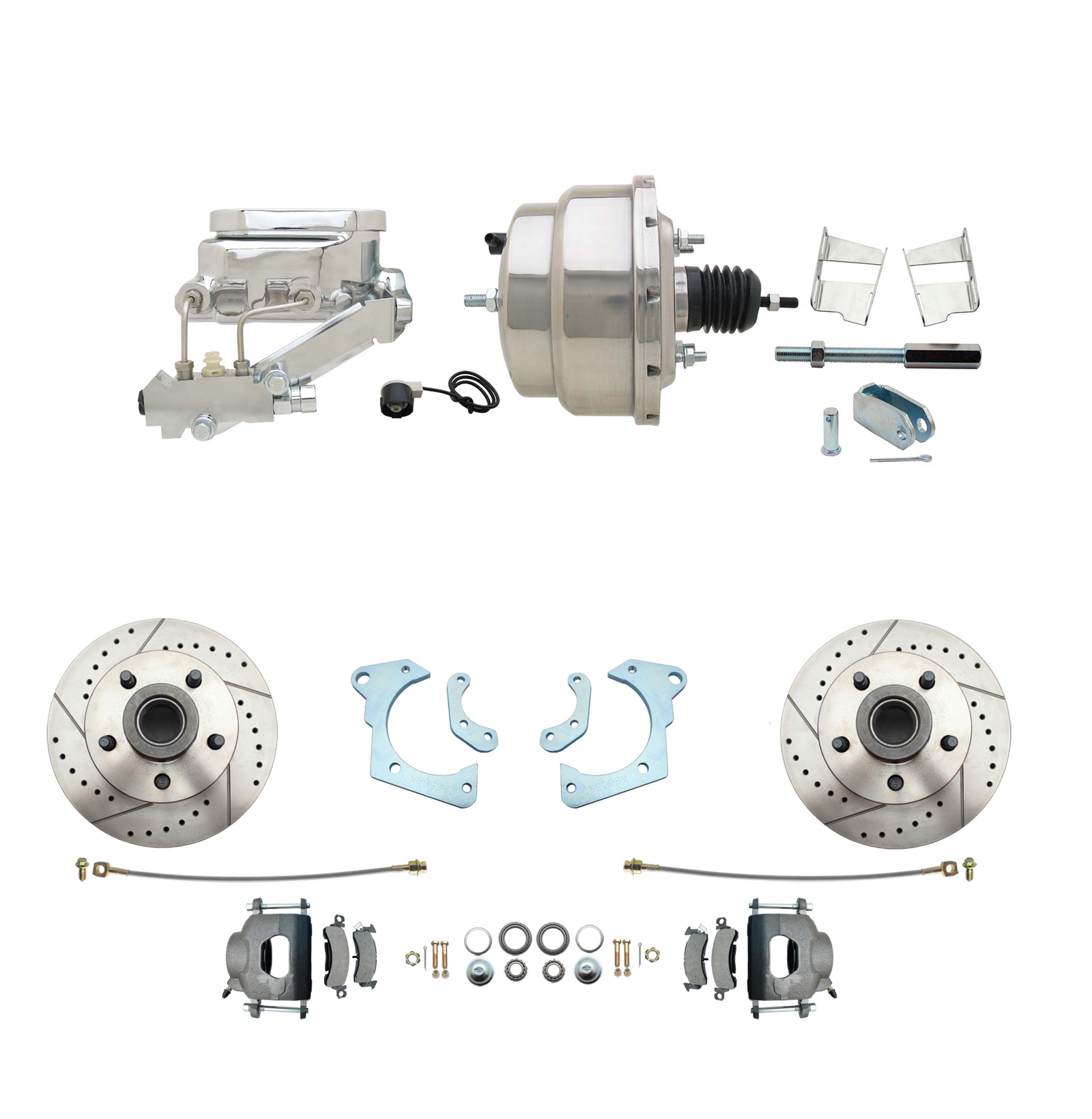 1965-1968 GM Full Size Disc Brake Kit Drilled/Slotted Rotors (Impala, Bel Air, Biscayne) & 8 Dual Stainless Steel Booster Conversion Kit W/ Chrome Flat Top Master Cylinder Left Mount Disc/ Drum Proportioning Valve Kit