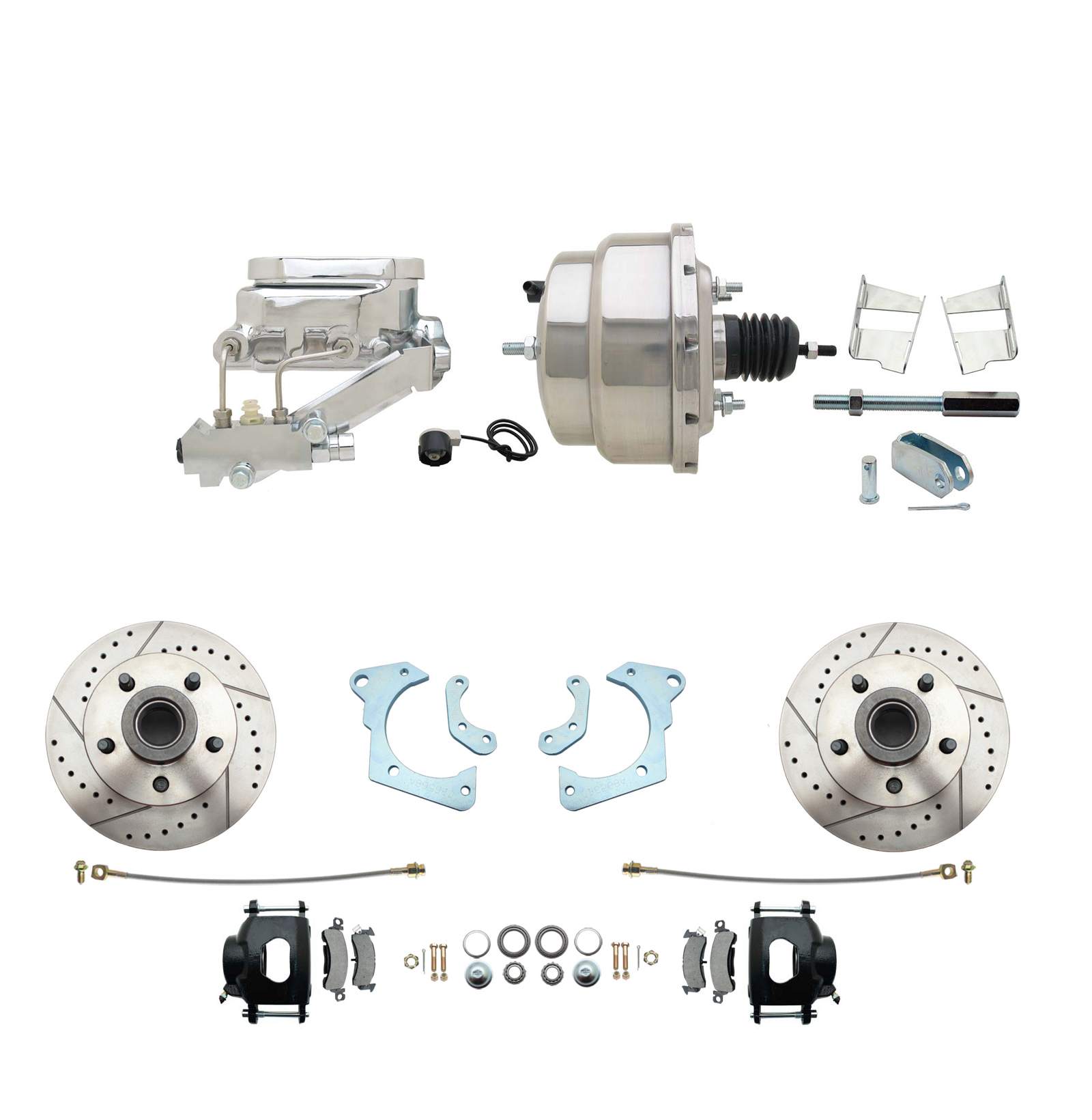 1965-1968 GM Full Size Front Disc Brake Kit Black Powder Coated Calipers Drilled/Slotted Rotors (Impala, Bel Air, Biscayne) & 8 Dual Stainless Steel Booster Conversion Kit W/ Chrome Flat Top Master Cylinder Left Mount Disc/ D