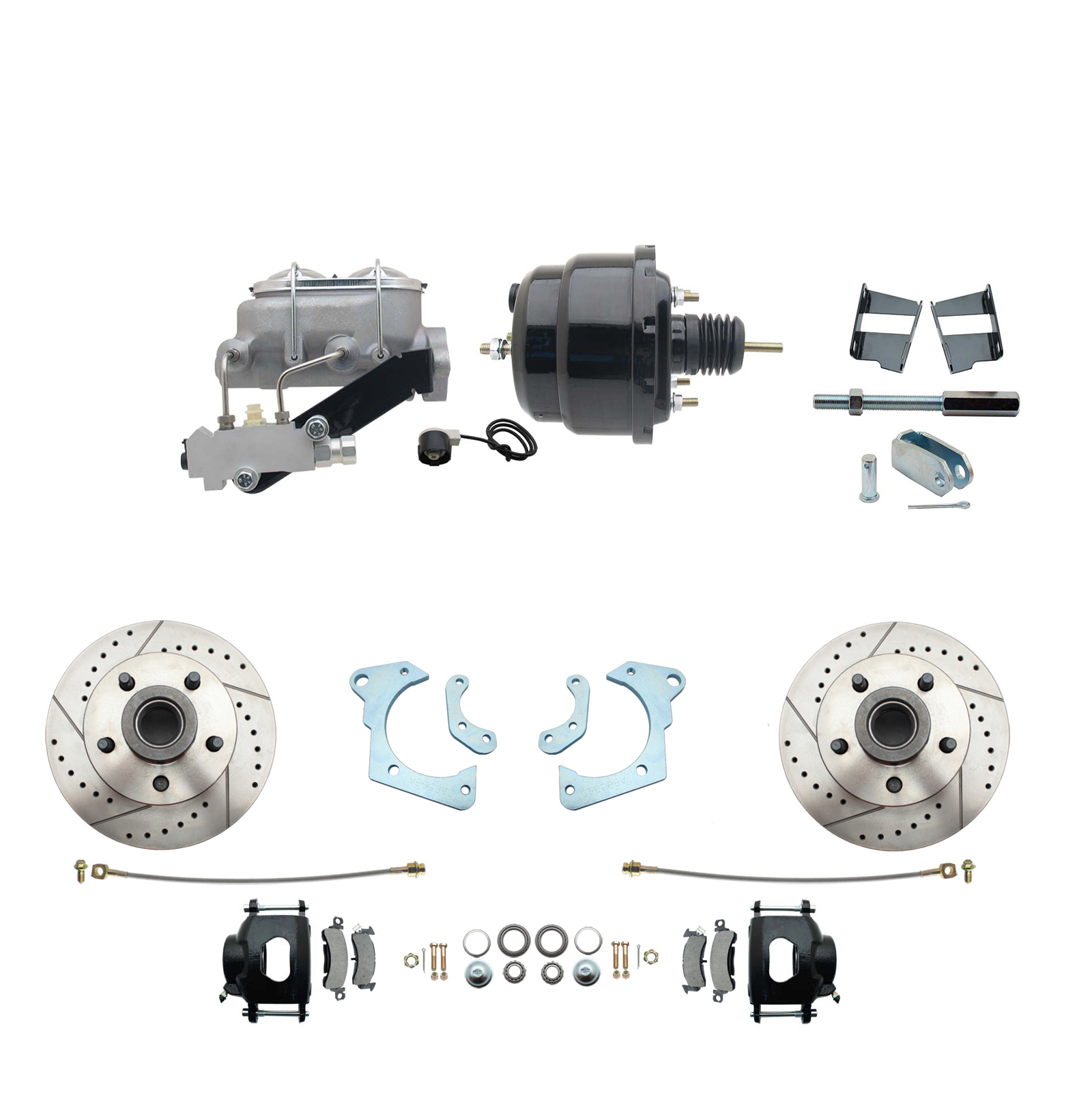 1965-1968 GM Full Size Front Disc Brake Kit Black Powder Coated Calipers Drilled/Slotted Rotors (Impala, Bel Air, Biscayne) & 8 Dual Powder Coated Black Booster Conversion Kit W/ Aluminum Master Cylinder Left Mount Disc/ Drum