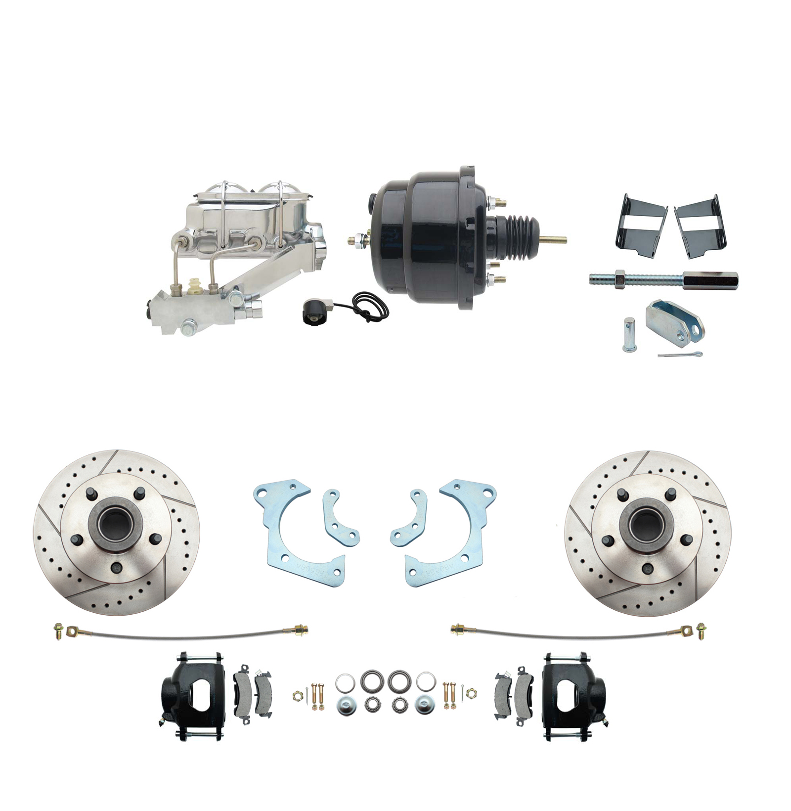 1965-1968 GM Full Size Front Disc Brake Kit Black Powder Coated Calipers Drilled/Slotted Rotors (Impala, Bel Air, Biscayne) & 8 Dual Powder Coated Black Booster Conversion Kit W/ Chrome Master Cylinder Left Mount Disc/ Drum P