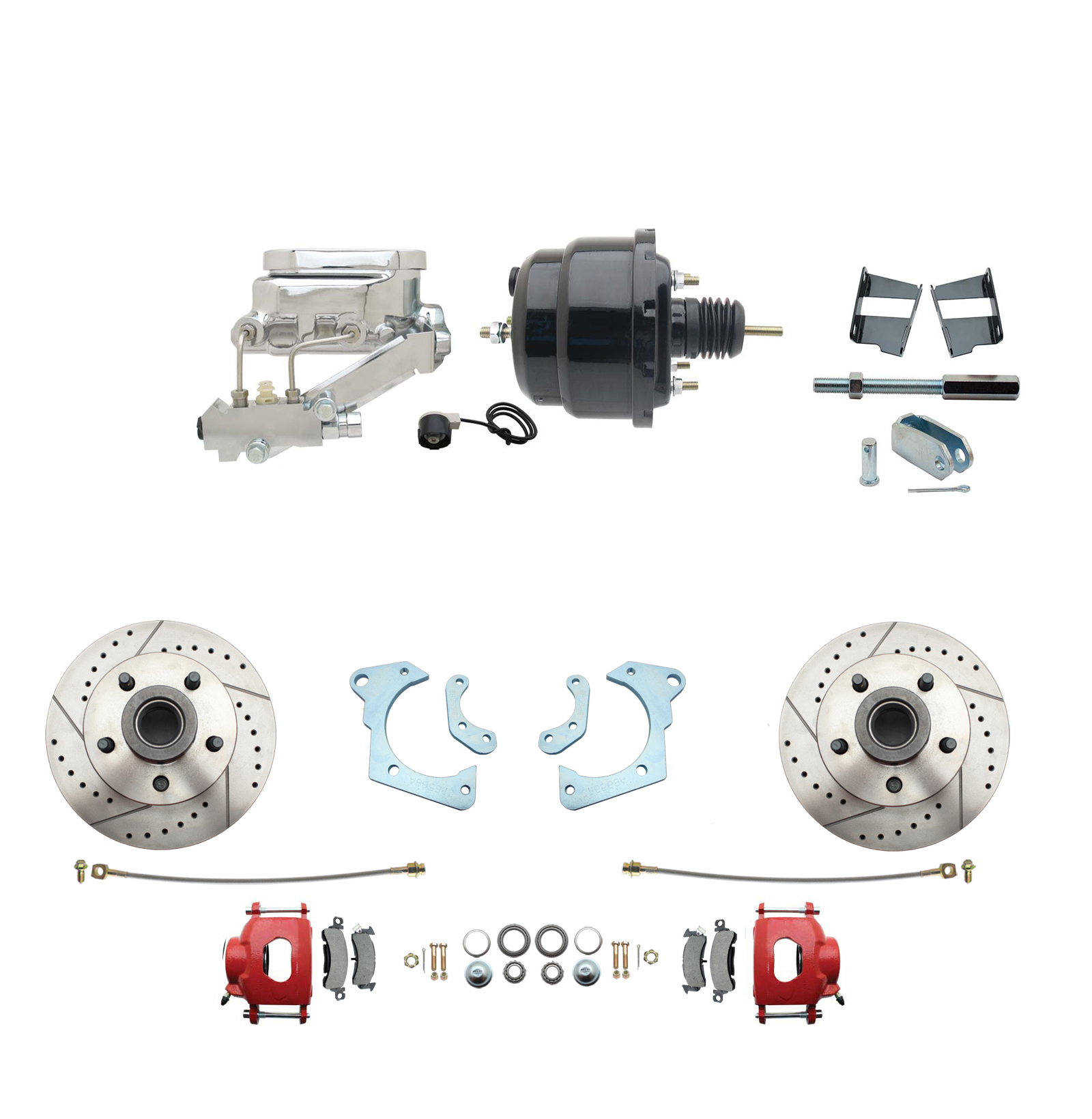 1965-1968 GM Full Size Front Disc Brake Kit Red Powder Coated Calipers Drilled/Slotted Rotors (Impala, Bel Air, Biscayne) & 8 Dual Powder Coated Black Booster Conversion Kit W/ Chrome Flat Top Master Cylinder Left Mount Disc/