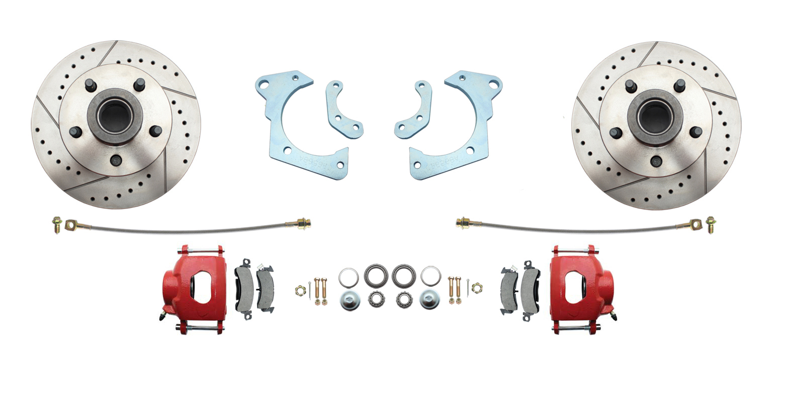 1965-1968 Full Size Chevy Complete Disc Brake Conversion Kit W/ Powder Coated Red Calipers & Drilled/ Slotted Rotors