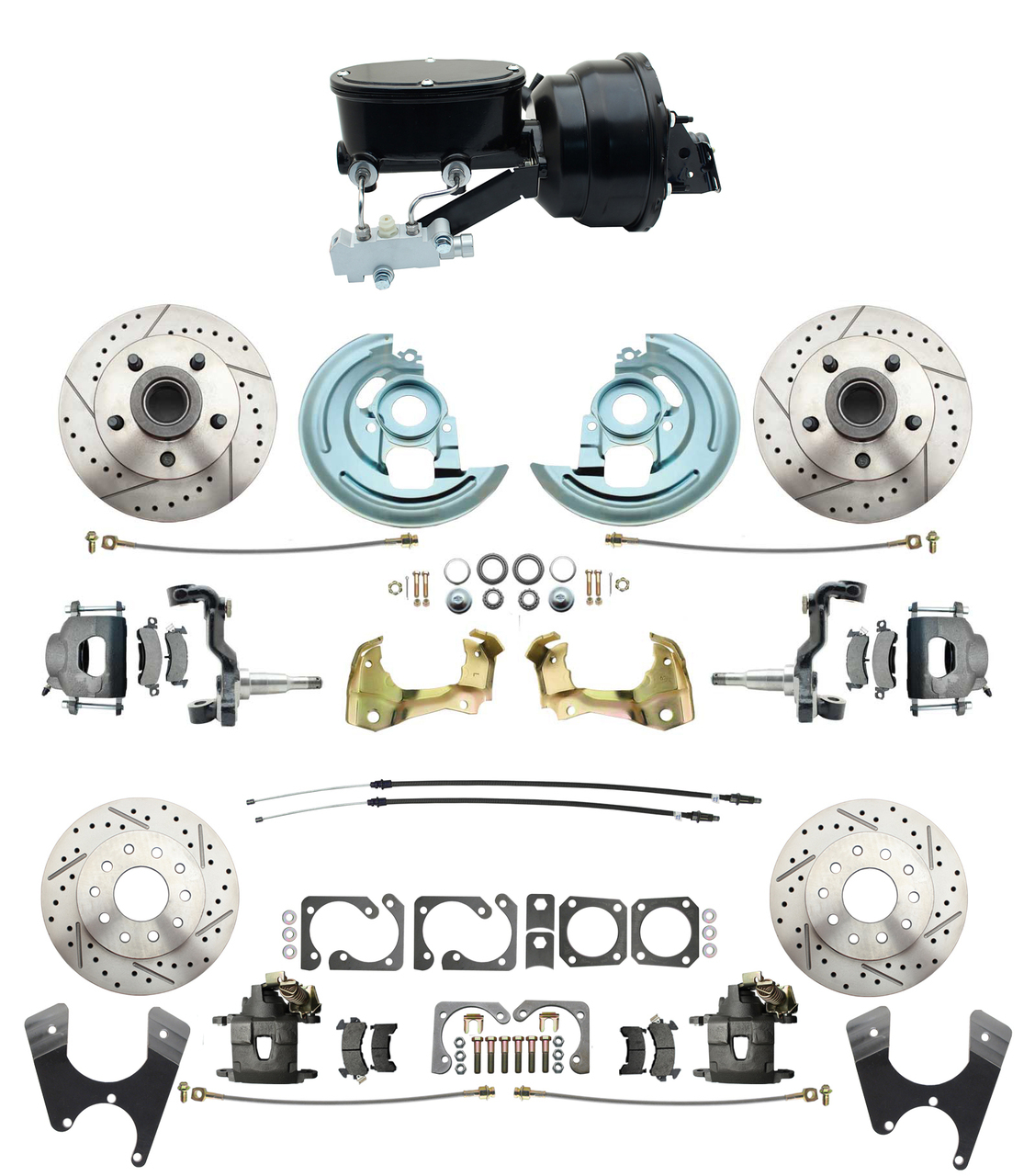 1967-1969 Camaro/ Firebird & 1968-1974 Chevy Nova Front & Rear Power Disc Brake Conversion Kit Drilled & Slotted Rotors W/ 8Dual Zinc Booster Kit W/ Wilwood Style 8 Dual Powder Coated Black Booster Kit