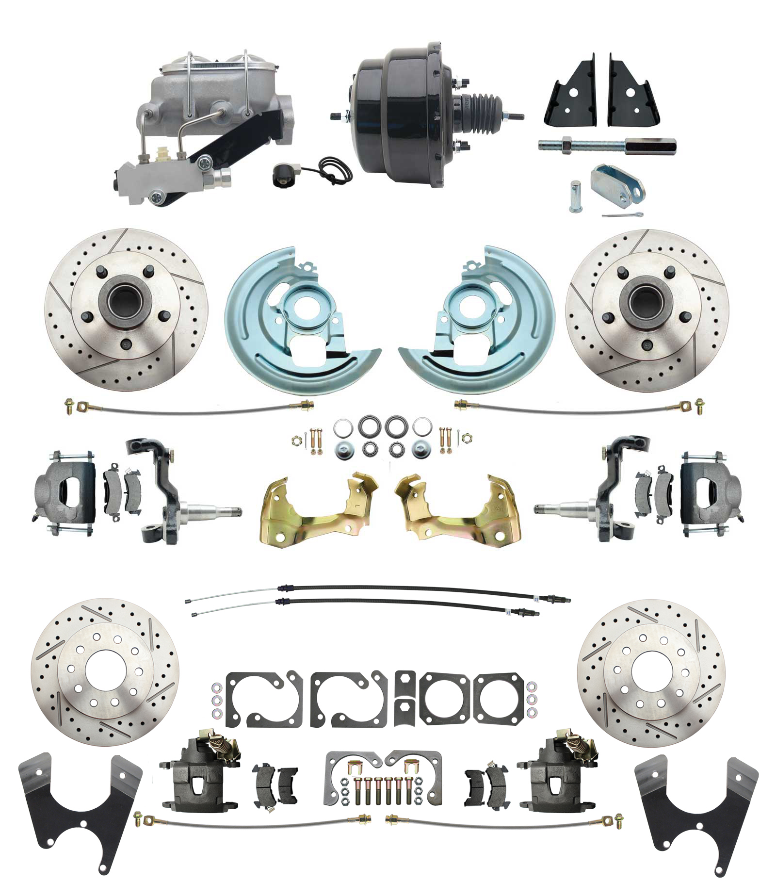 1967-1969 Camaro/ Firebird & 1968-1974 Chevy Nova Front & Rear Power Disc Brake Conversion Kit Drilled & Slotted Rotors W/ 8 Dual Powder Coated Black Booster Kit
