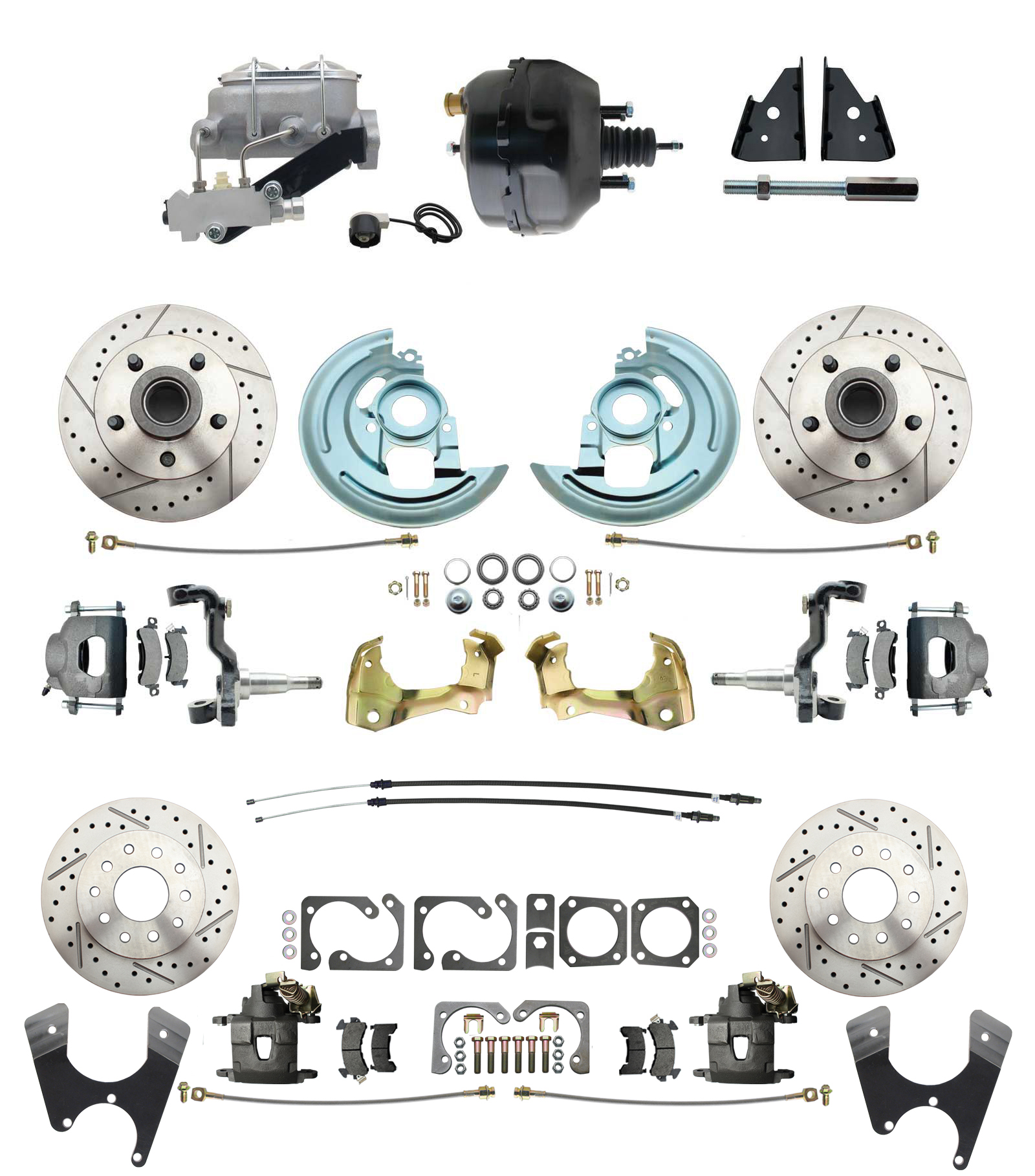 1967-1969 Camaro/ Firebird & 1968-1974 Chevy Nova Front & Rear Power Disc Brake Conversion Kit Drilled & Slotted Rotors W/ 9 Dual Powder Coated Black Booster Kit