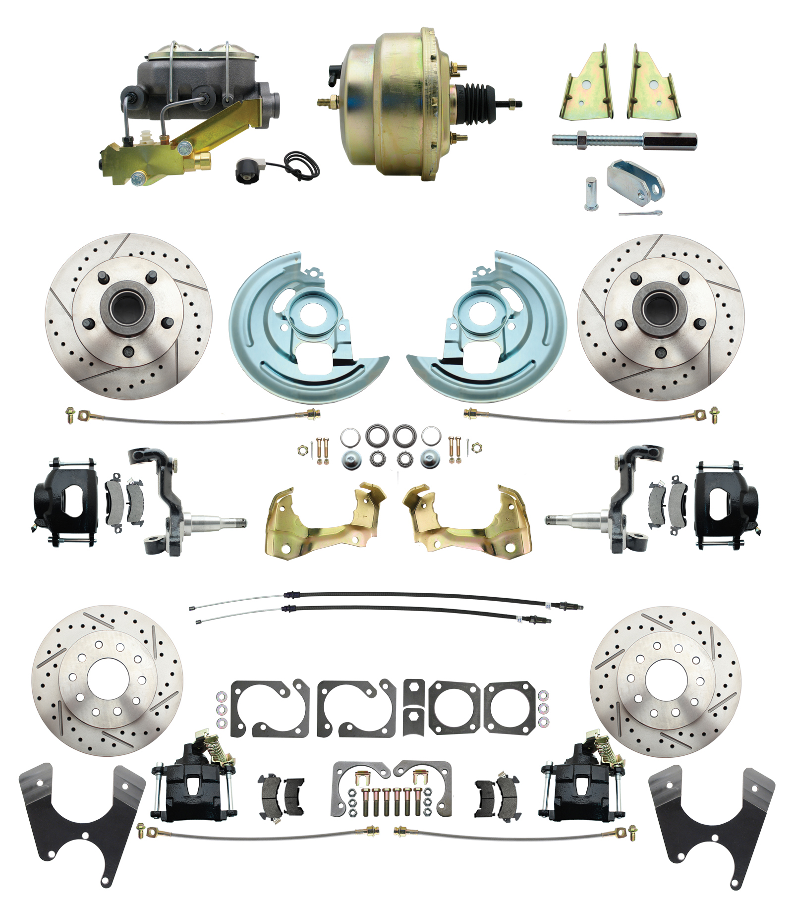 1967-1969 Camaro/ Firebird & 1968-1974 Chevy Nova Front & Rear Power Disc Brake Conversion Kit Drilled & Slotted & Powder Coated Black Calipers Rotors W/ 8Dual Zinc Booster Kit