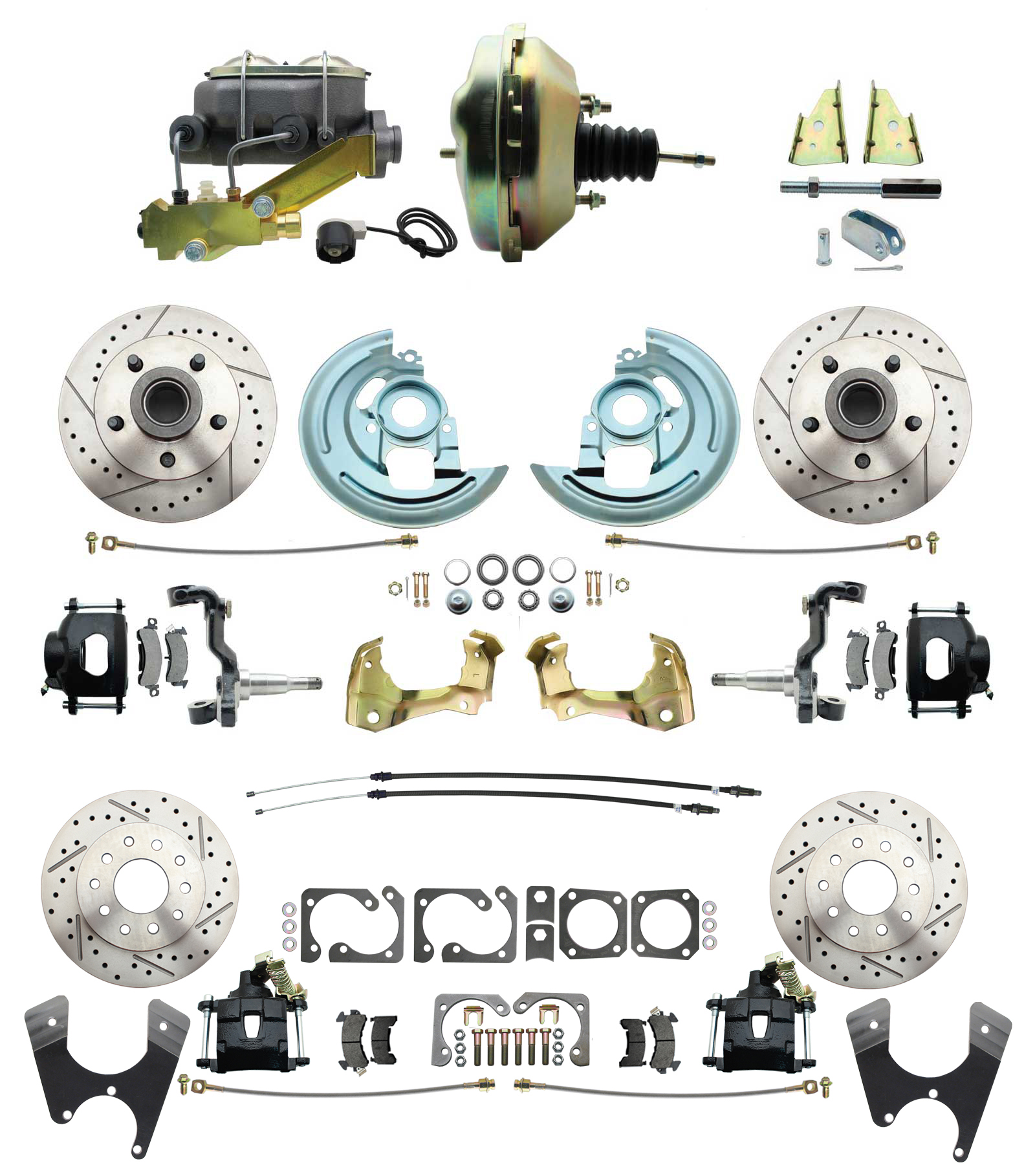 1967-1969 Camaro/ Firebird & 1968-1974 Chevy Nova Front & Rear Power Disc Brake Conversion Kit Drilled & Slotted & Powder Coated Black Calipers Rotors W/9 Dual Zinc Booster Kit