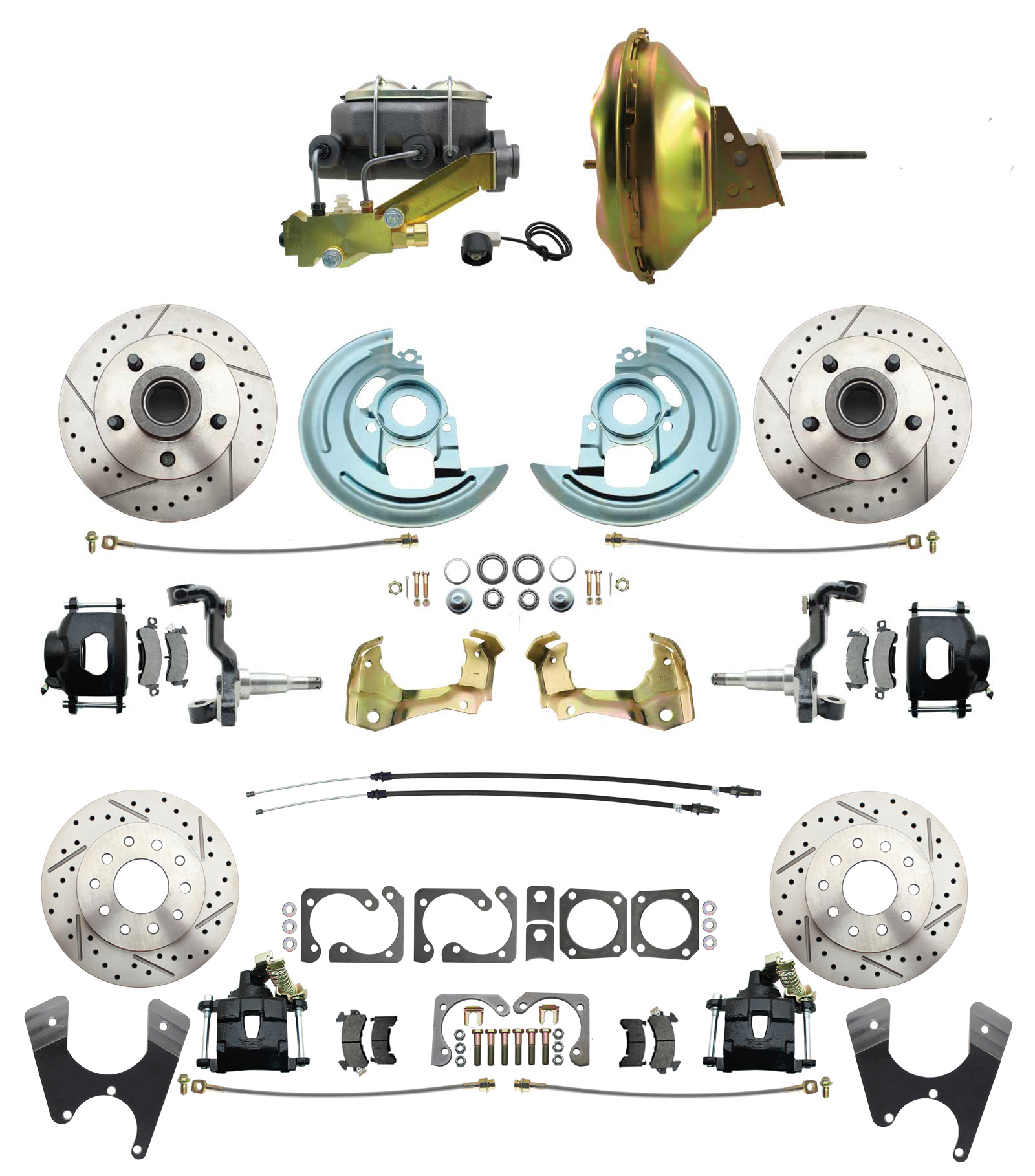 1967-1969 Camaro/ Firebird & 1968-1974 Chevy Nova Front & Rear Power Disc Brake Conversion Kit Drilled & Slotted & Powder Coated Black Calipers Rotors W/ 11Delco Stamped Booster Kit