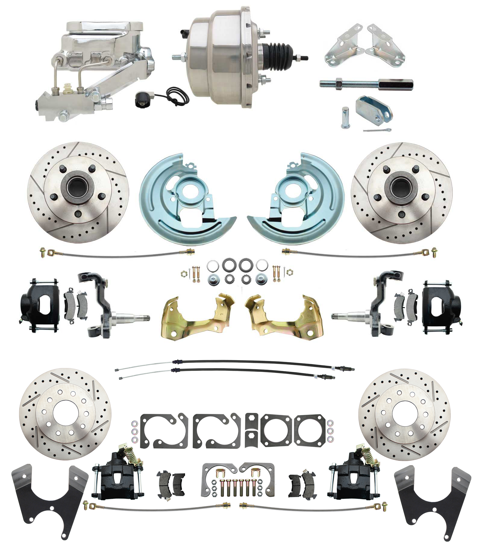 1967-1969 Camaro/ Firebird & 1968-1974 Chevy Nova Front & Rear Power Disc Brake Conversion Kit Drilled & Slotted & Powder Coated Black Calipers Rotors W/8 Dual Chrome Flat Top Booster Kit