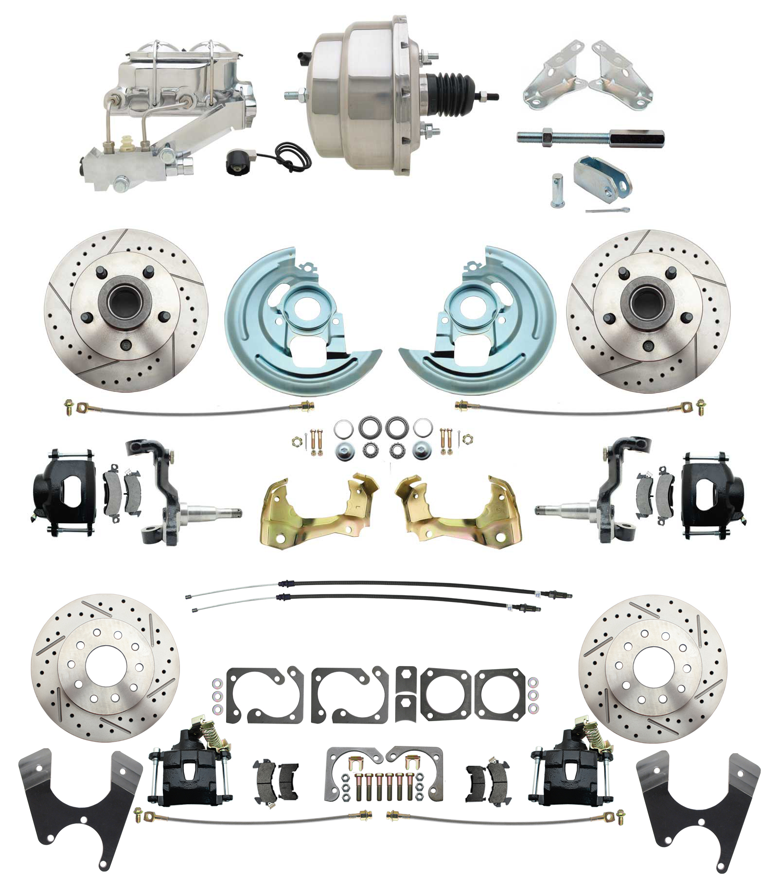 1967-1969 Camaro/ Firebird & 1968-1974 Chevy Nova Front & Rear Power Disc Brake Conversion Kit Drilled & Slotted & Powder Coated Black Calipers Rotors W/ 8 Dual Chrome Booster Kit