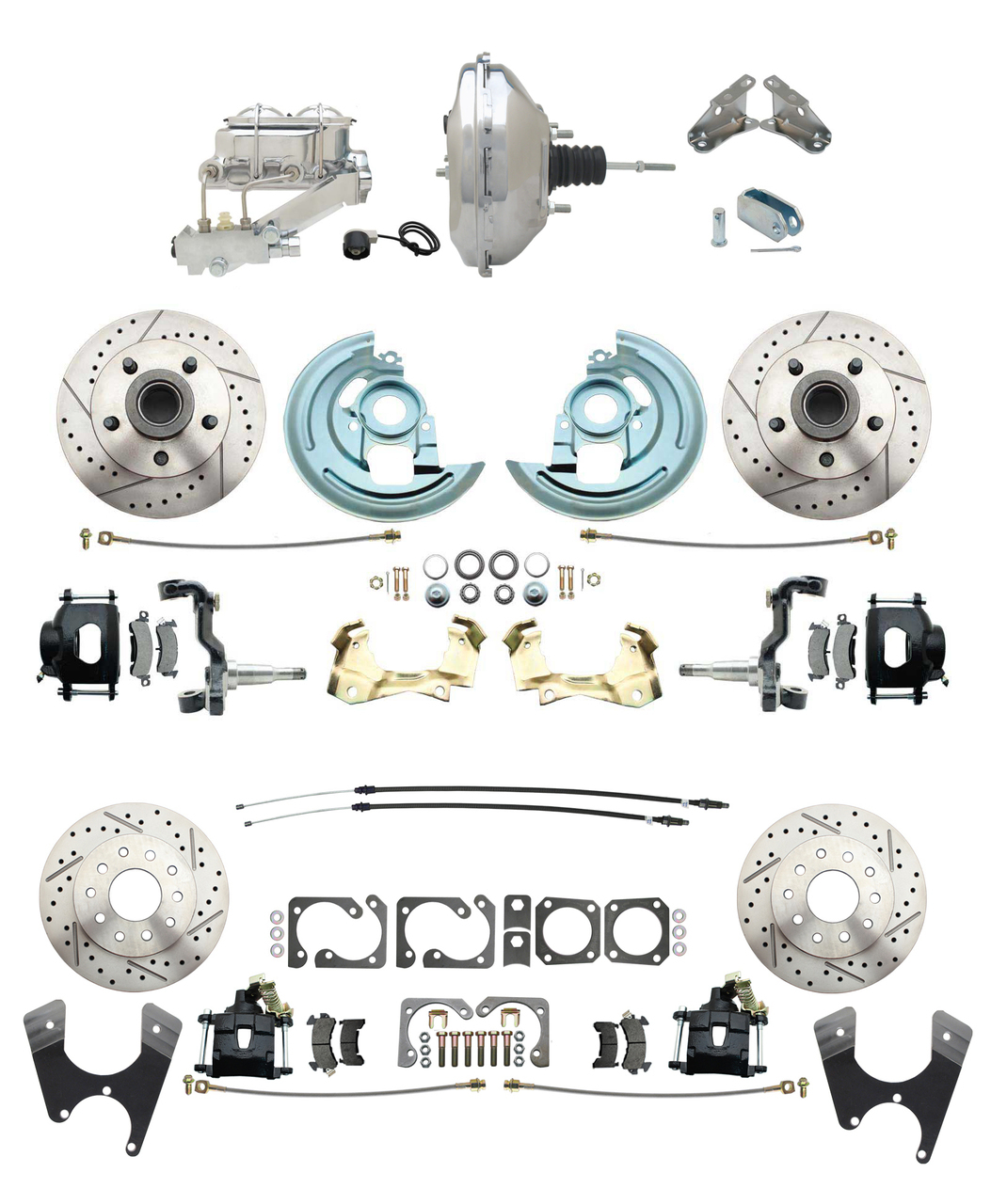 1967-1969 Camaro/ Firebird & 1968-1974 Chevy Nova Front & Rear Power Disc Brake Conversion Kit Drilled & Slotted & Powder Coated Black Calipers Rotors 11 Chrome Booster Kit