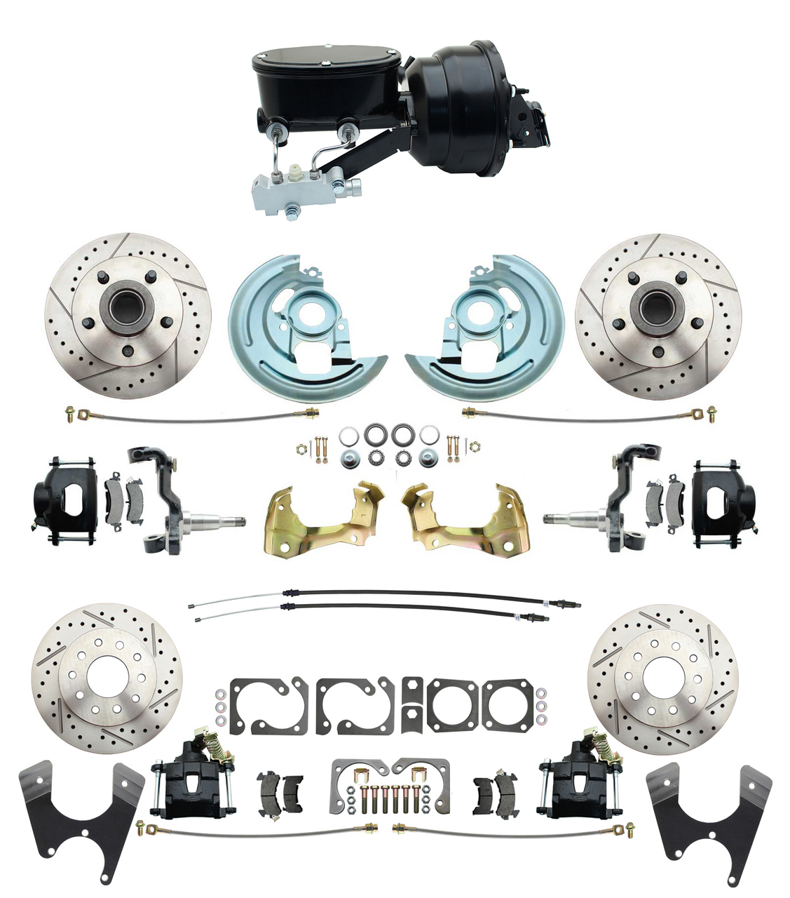 1967-1969 Camaro/ Firebird & 1968-1974 Chevy Nova Front & Rear Power Disc Brake Conversion Kit Drilled & Slotted & Powder Coated Black Calipers Rotors W/ Wilwood Style 8 Dual Powder Coated Black Booster Kit