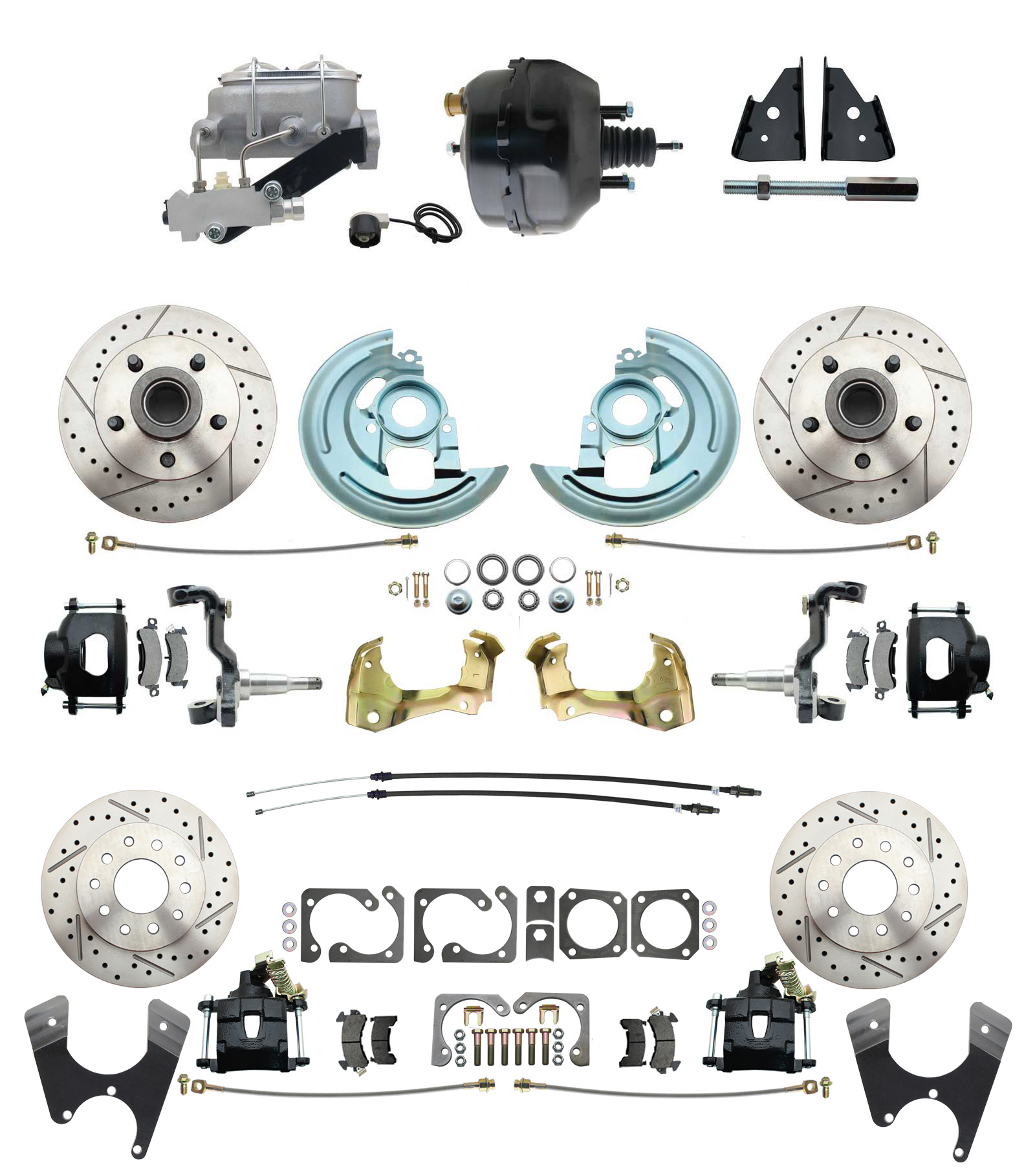 1967-1969 Camaro/ Firebird & 1968-1974 Chevy Nova Front & Rear Power Disc Brake Conversion Kit Drilled & Slotted & Powder Coated Black Calipers Rotors 9 Dual Powder Coated Black Booster Kit