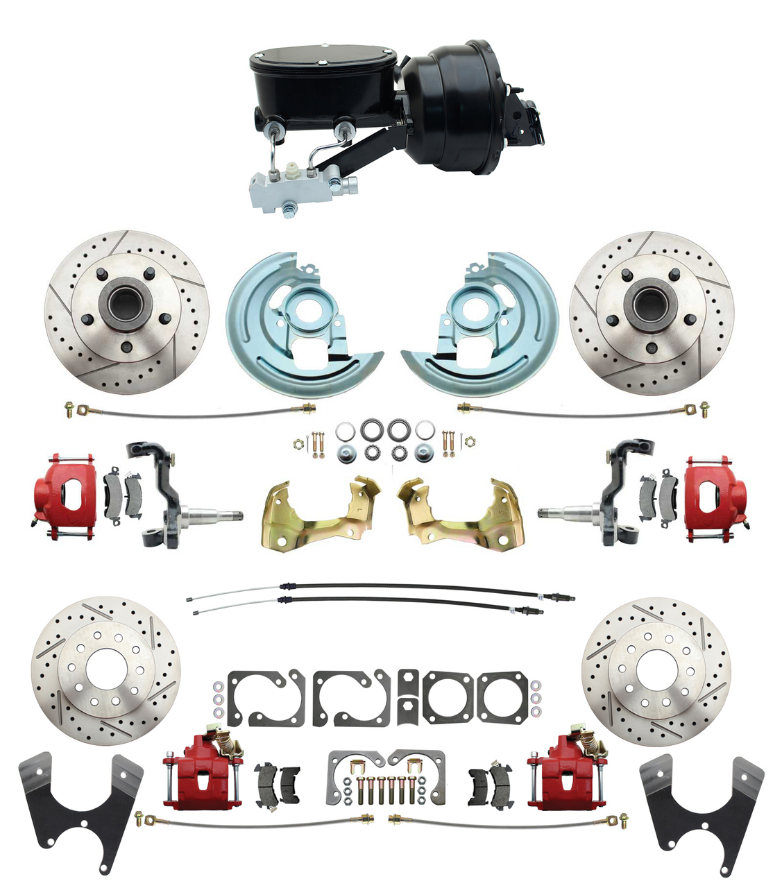 1967-1969 Camaro/ Firebird & 1968-1974 Chevy Nova Front & Rear Power Disc Brake Conversion Kit Drilled & Slotted & Powder Coated Red Calipers Rotors W/ Wilwood Style 8 Dual Powder Coated Black Booster Kit