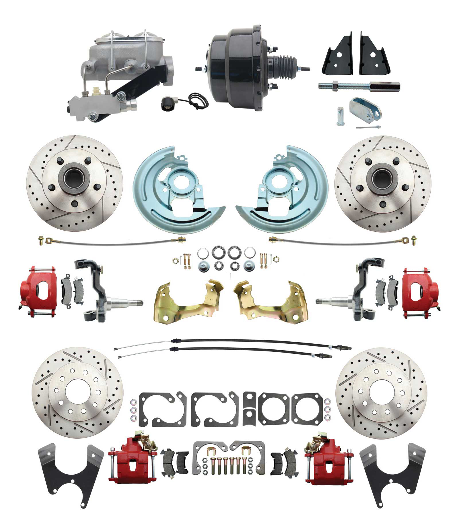 1967-1969 Camaro/ Firebird & 1968-1974 Chevy Nova Front & Rear Power Disc Brake Conversion Kit Drilled & Slotted & Powder Coated Red Calipers Rotors W/ 8 Dual Powder Coated Black Booster Kit