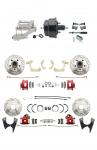1959-1964 GM Full Size Front & Rear Power Disc Brake Kit Red Powder Coated Calipers Drilled/Slotted Rotors (Impala,  Bel Air,  Biscayne) & 8" Dual Chrome Booster Conversion Kit W/ Flat Top Chrome Master Cylinder Bottom Mou