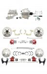 1959-1964 GM Full Size Front & Rear Power Disc Brake Kit Red Powder Coated Calipers Drilled/Slotted Rotors (Impala,  Bel Air,  Biscayne) & 8" Dual Chrome Booster Conversion Kit W/ Flat Top Chrome Master Cylinder Left Mount