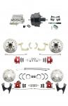 1959-1964 GM Full Size Front & Rear Power Disc Brake Kit Red Powder Coated Calipers Drilled/Slotted Rotors (Impala,  Bel Air,  Biscayne) & 8" Dual Powder Coated Black Booster Conversion Kit W/ Chrome Flat Top Master Cylind