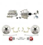 1959-1964 GM Full Size Front Disc Brake Kit Red Powder Coated Calipers Drilled/Slotted Rotors (Impala,  Bel Air,  Biscayne) & 8" Dual Stainless Steel Conversion Kit W/ Chrome Master Cylinder Bottom Mount Disc/ Drum Proportioning