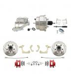 1959-1964 GM Full Size Front Disc Brake Kit Red Powder Coated Calipers Drilled/Slotted Rotors (Impala,  Bel Air,  Biscayne) & 8" Dual Stainless Steel Booster Conversion Kit W/ Chrome Master Cylinder Left Mount Disc/ Drum Proport