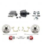 1959-1964 GM Full Size Front Disc Brake Kit Red Powder Coated Calipers Drilled/Slotted Rotors (Impala,  Bel Air,  Biscayne) & 8" Dual Powder Coated Black Booster Conversion Kit W/ Aluminum Master Cylinder Bottom Mount Disc/ Drum