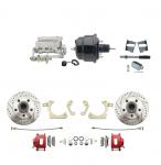 1959-1964 GM Full Size Front Disc Brake Kit Red Powder Coated Calipers Drilled/Slotted Rotors (Impala,  Bel Air,  Biscayne) & 8" Dual Powder Coated Black Booster Conversion Kit W/ Chrome Flat Top Master Cylinder Bottom Mount Dis