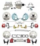 1964-1972 GM A Body Front & Rear Power Disc Brake Conversion Kit Drilled & Slotted & Powder Coated Red Calipers Rotors W/8" Dual Chrome Flat Top Booster Kit