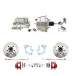 1965-1968 GM Full Size Front Disc Brake Kit Red Powder Coated Calipers Drilled/Slotted Rotors (Impala,  Bel Air,  Biscayne) & 8" Dual Stainless Steel Conversion Kit W/ Chrome Master Cylinder Bottom Mount Disc/ Drum Proportioning