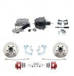 1965-1968 GM Full Size Front Disc Brake Kit Red Powder Coated Calipers Drilled/Slotted Rotors (Impala,  Bel Air,  Biscayne) & 8" Dual Powder Coated Black Booster Conversion Kit W/ Aluminum Master Cylinder Left Mount Disc/ Drum P