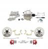 1959-1964 GM Full Size Front Disc Brake Kit Red Powder Coated Calipers Drilled/Slotted Rotors (Impala, Bel Air, Biscayne) & 8" Dual Chrome Booster Conversion Kit W/ Flat Top Chrome Master Cylinder Left Mount Disc/ Drum Proport