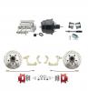 1959-1964 GM Full Size Front Disc Brake Kit Red Powder Coated Calipers Drilled/Slotted Rotors (Impala, Bel Air, Biscayne) & 8" Dual Powder Coated Black Booster Conversion Kit W/ Chrome Flat Top Master Cylinder Bottom Mount Dis