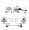 1965-1968 GM Full Size Front Disc Brake Kit Red Powder Coated Calipers Drilled/Slotted Rotors (Impala, Bel Air, Biscayne) & 8" Dual Chrome Booster Conversion Kit W/ Flat Top Chrome Master Cylinder Left Mount Disc/ Drum Proport