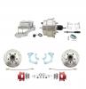 1965-1968 GM Full Size Front Disc Brake Kit Red Powder Coated Calipers Drilled/Slotted Rotors (Impala, Bel Air, Biscayne) & 8" Dual Chrome Booster Conversion Kit W/ Chrome Master Cylinder Left Mount Disc/ Drum Proportioning Va